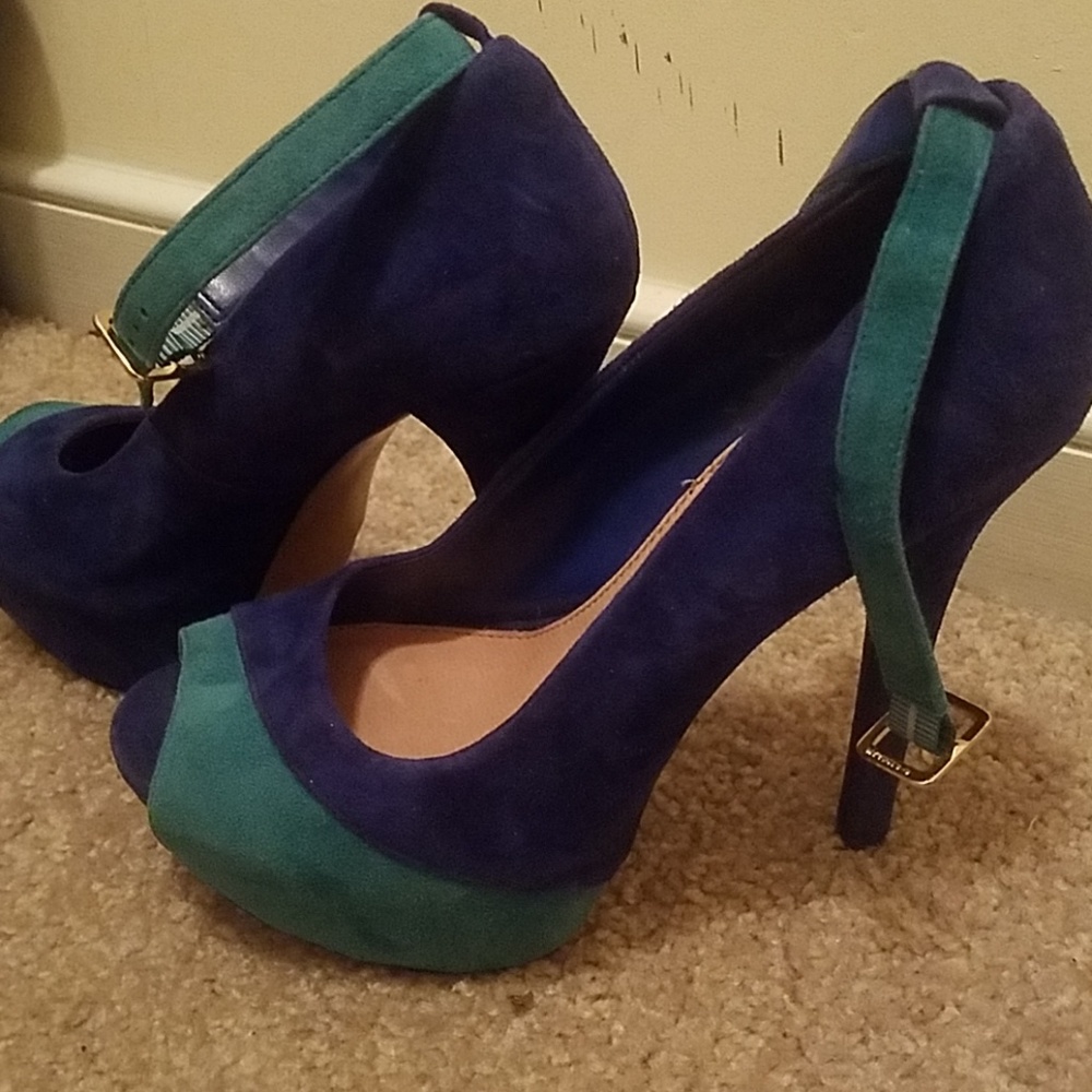Blue and teal open toe heels